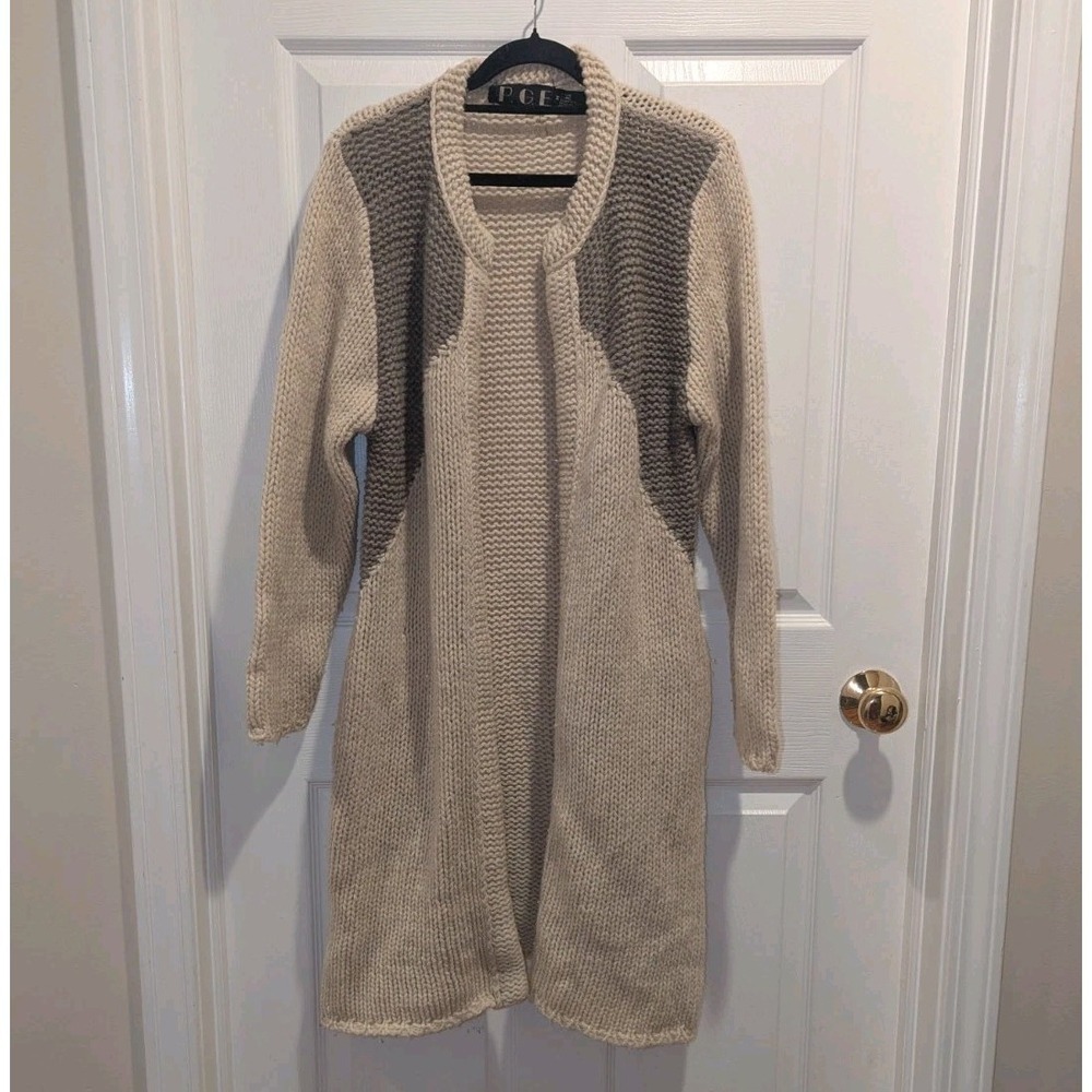 Coastal Quiet Luxury P.G.E. Wool Blend Long Cardigan Duster Pockets Cream Gray M